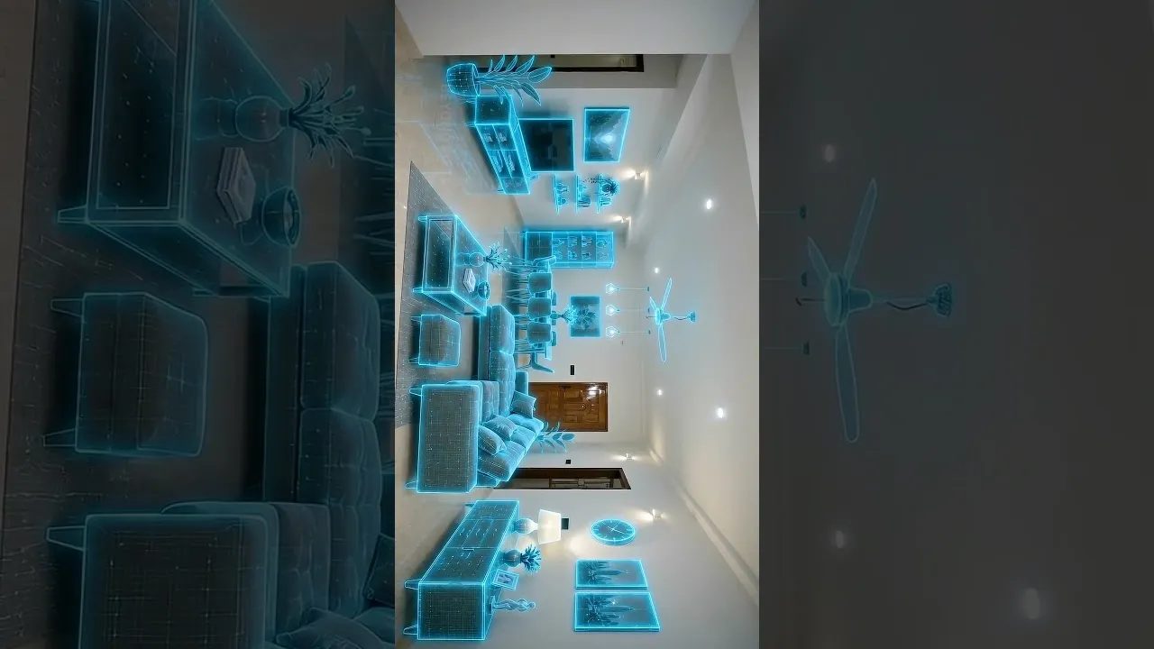 Frame from an AI interior visualisation: a room drawn as a glowing blue wireframe before it is rendered as a finished interior