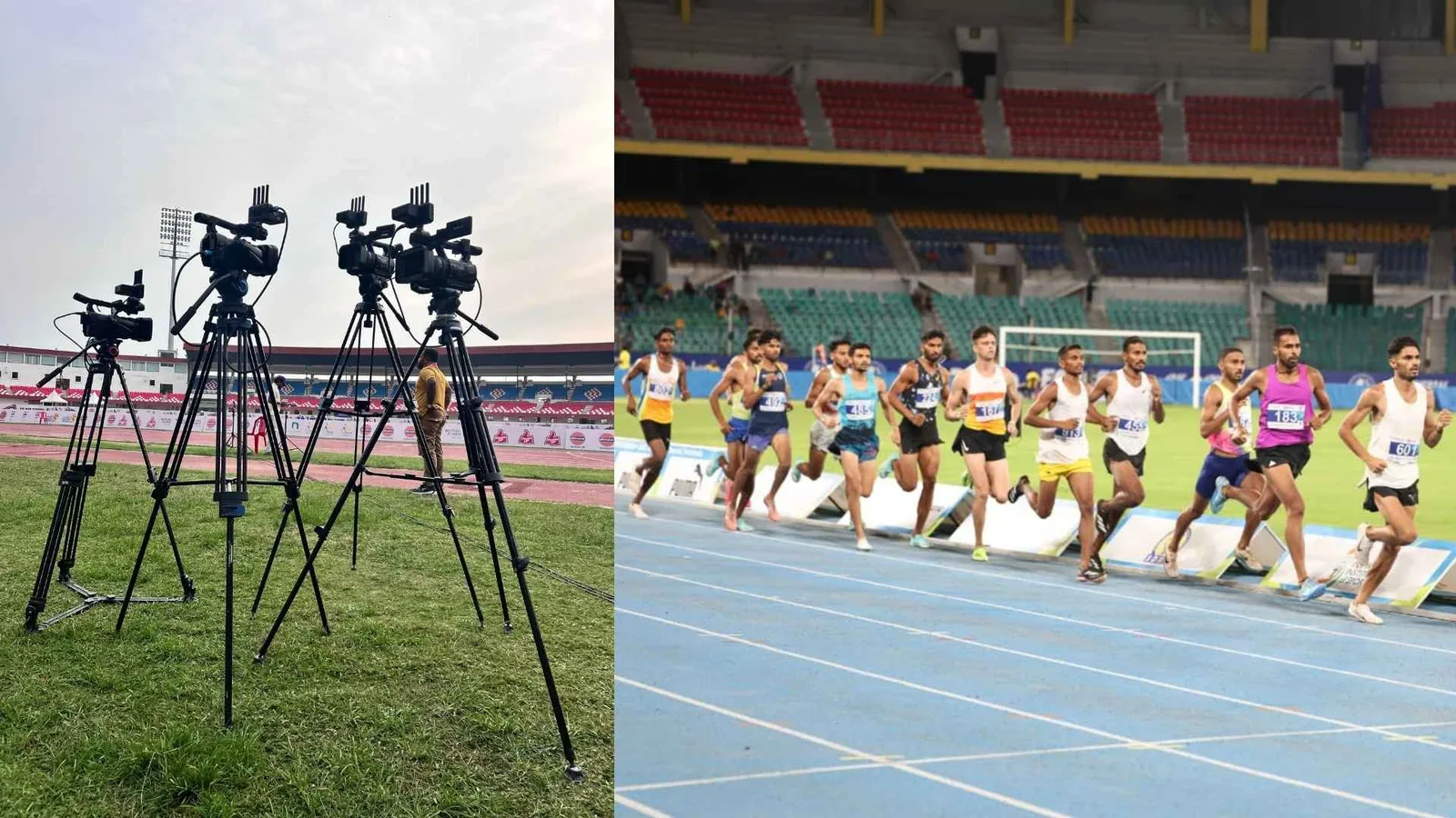 Two frames: cameras on tripods positioned around the field, and athletes mid-race on the blue indoor track