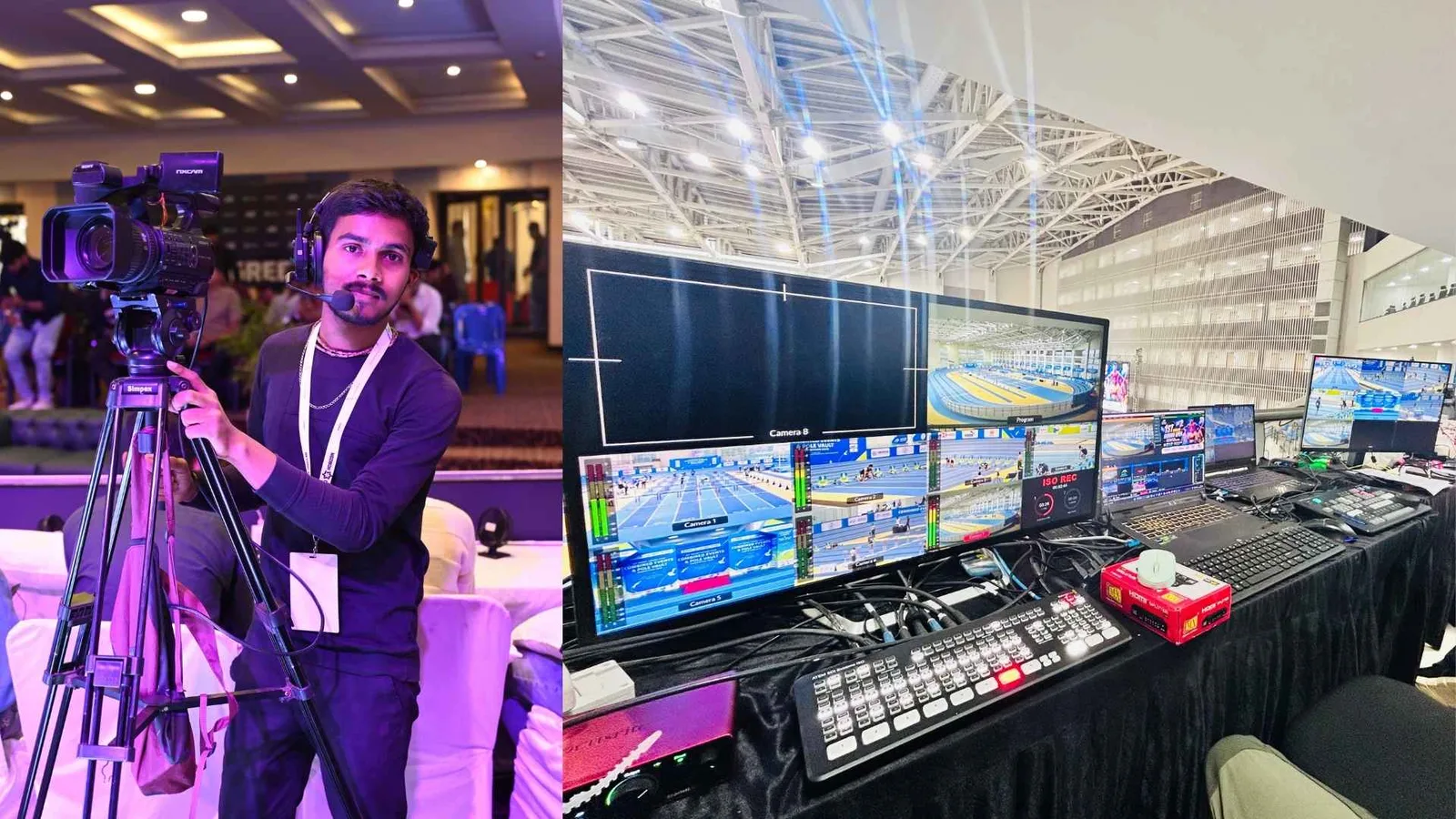 Two frames: an operator adjusting a camera at the lit event, and the monitor wall and switcher of the broadcast gallery