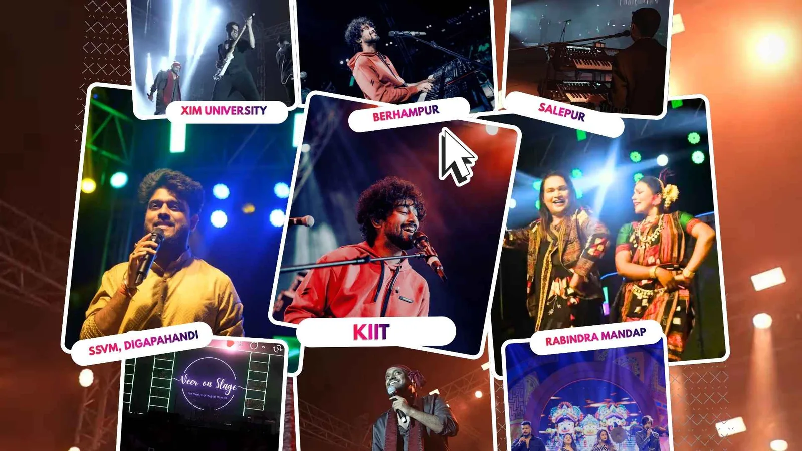 Frames from concerts across Odisha, each labelled with its venue — XIM University, Berhampur, Salepur, KIIT and Rabindra Mandap
